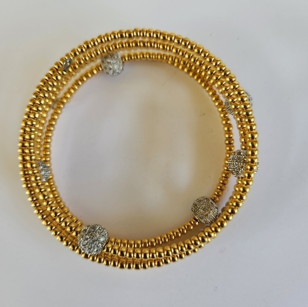 Hand Crafted Coil Memory Wire Bracelet Gold Hematite Silver Pave